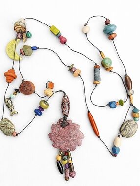 Boho Tribal 54” Long Necklace Carved Stone Pendant Statement